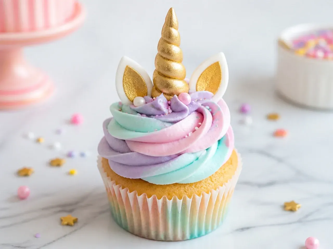 Classic unicorn cupcakes with three-tone pastel swirl, gold horn and marshmallow ears