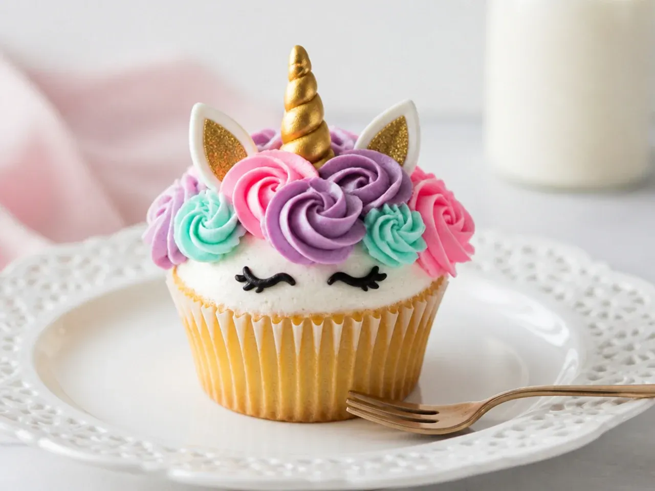 Easy unicorn cupcakes decorated in five minutes with store-bought tinted frosting rosettes