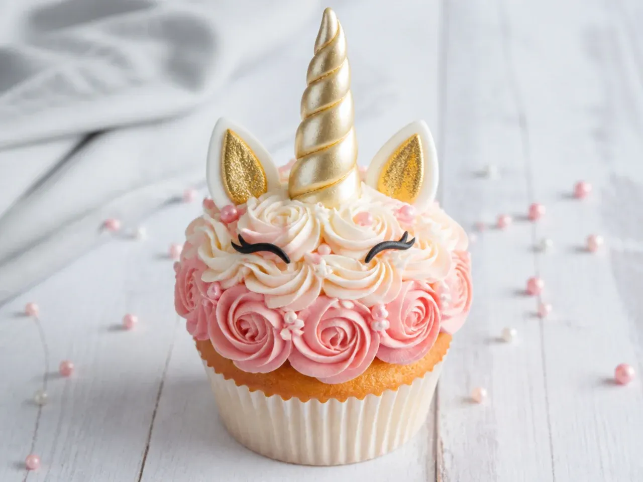 Elegant ombre rose unicorn cupcakes shading from blush to white with a pearl horn
