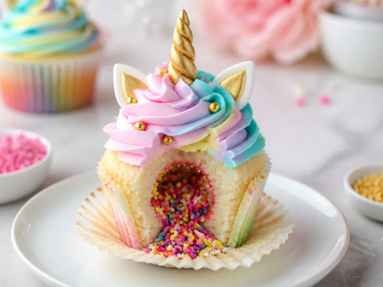 Playful surprise-center unicorn cupcakes filled with rainbow sprinkles under a bright swirl