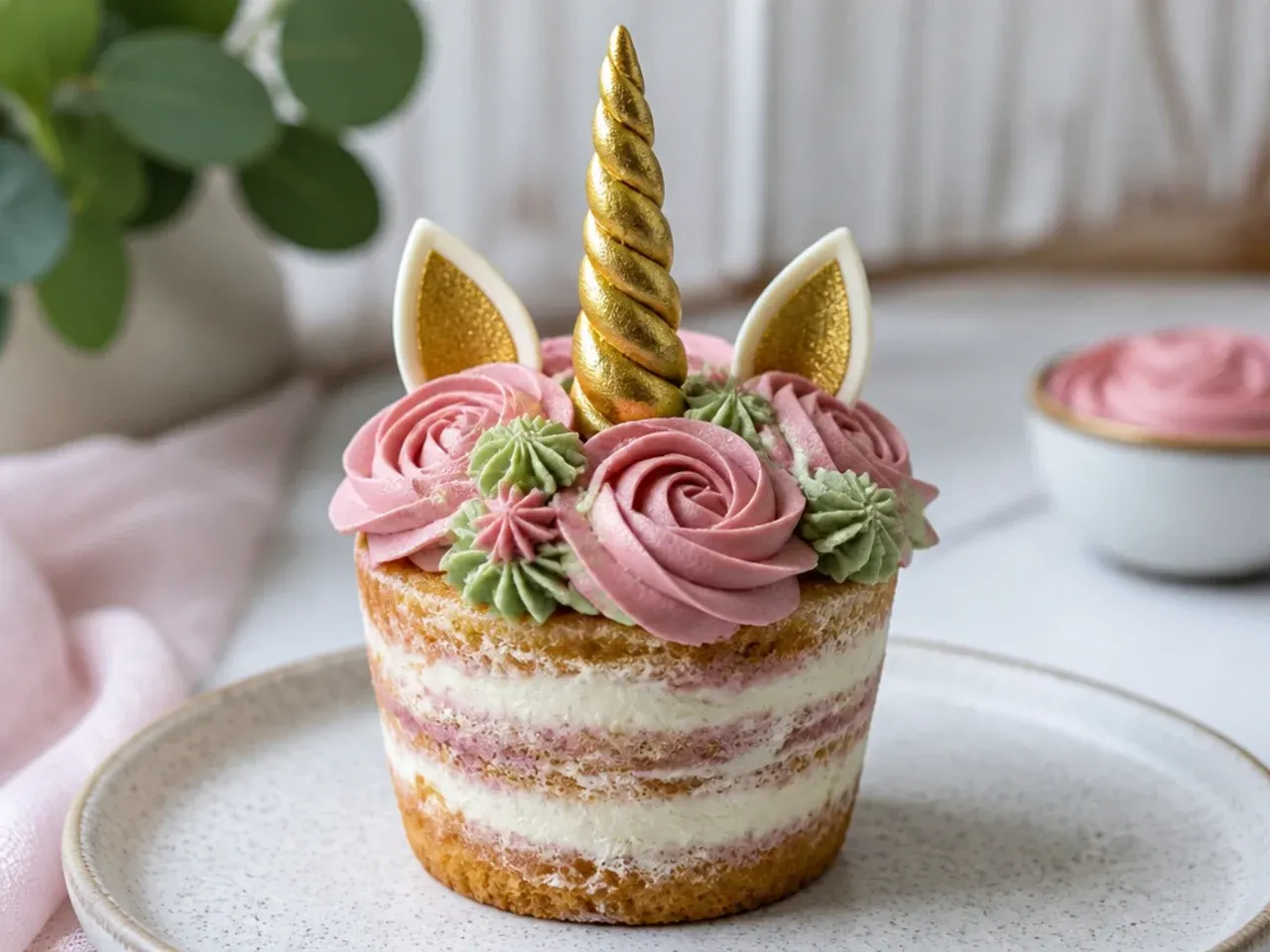 Rustic naked-swirl unicorn cupcakes in dusty rose and sage with a textured gold horn