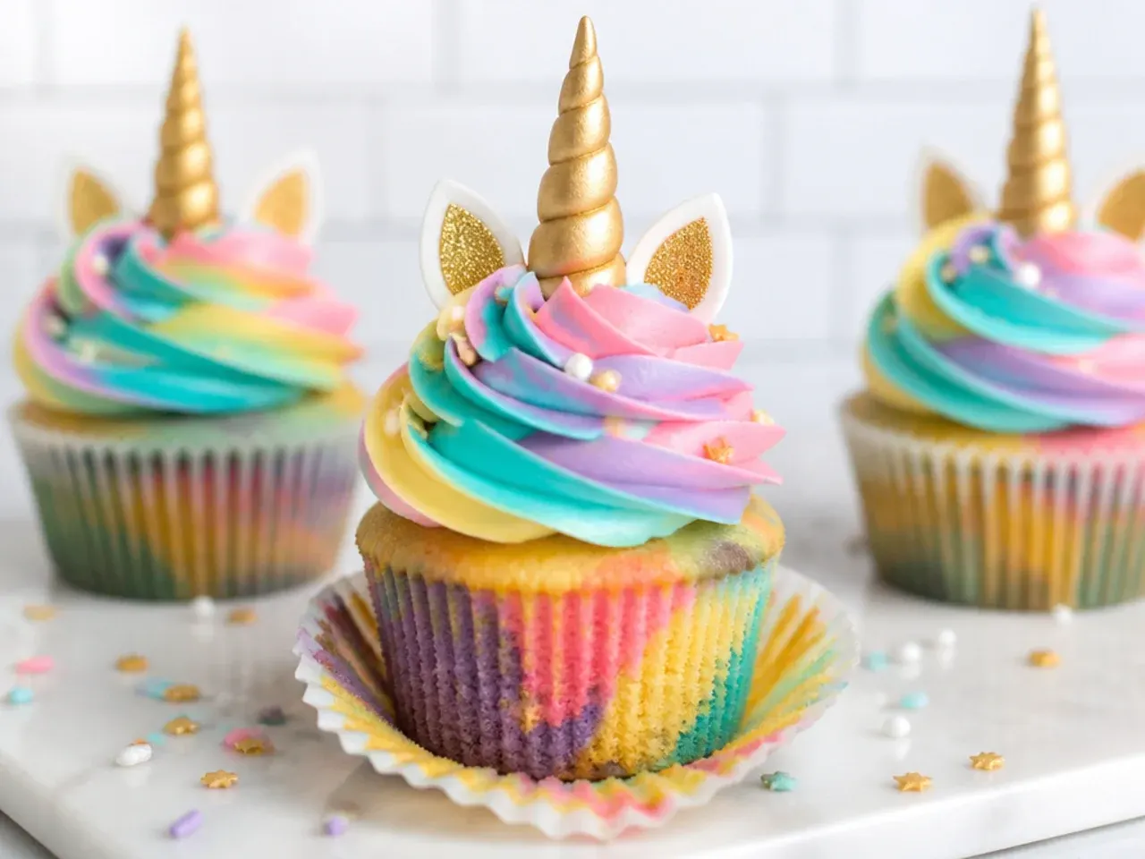 Colorful tie-dye swirl unicorn cupcakes with four-color striped buttercream