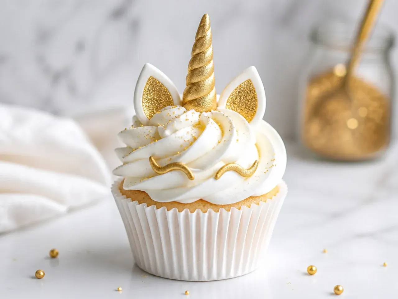Minimal white-and-gold unicorn cupcakes with a clean swirl and edible gold glitter