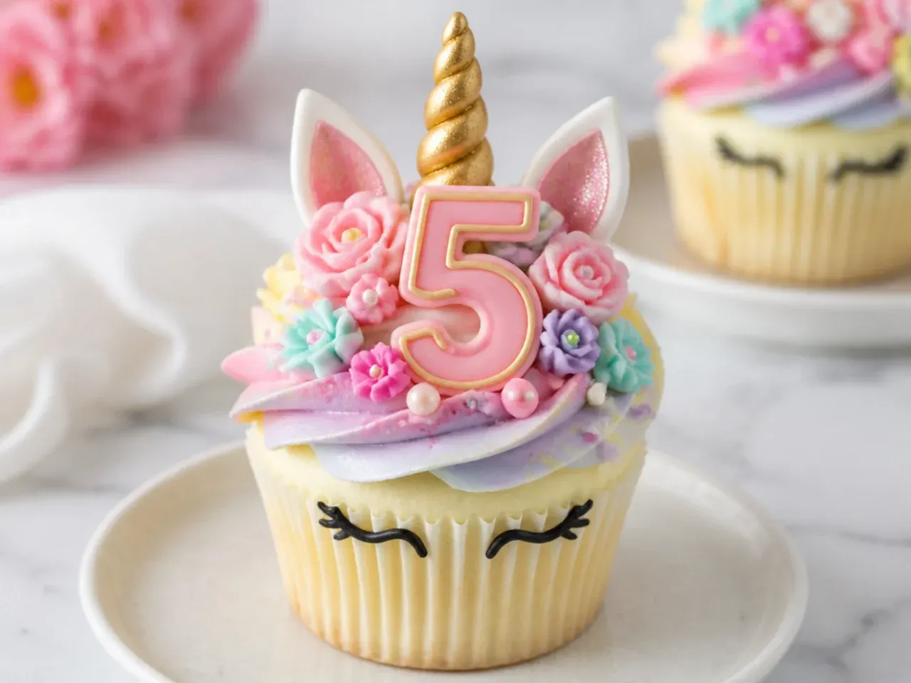 Festive birthday-number unicorn cupcakes topped with fondant age numbers