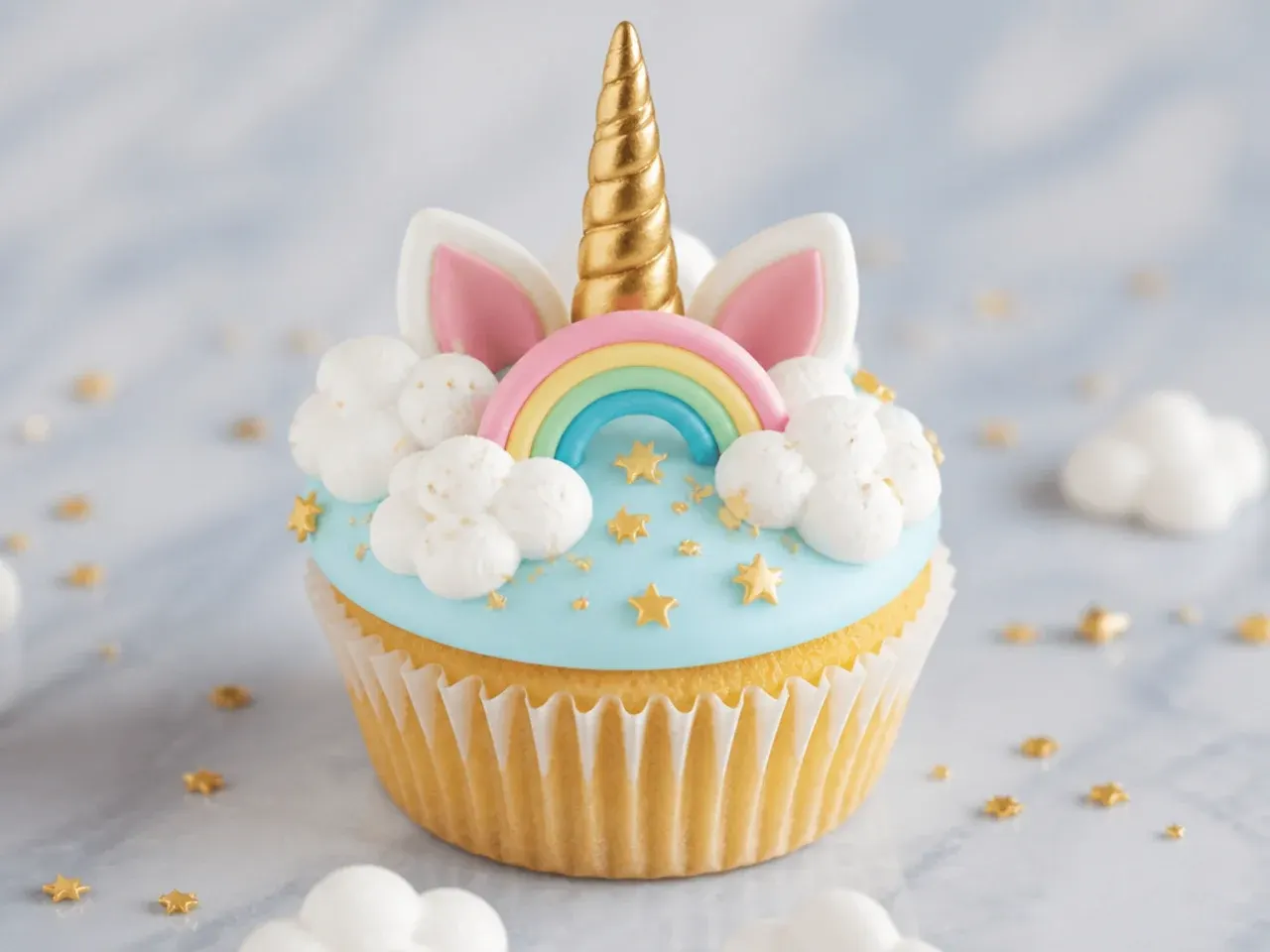 Whimsical cloud-and-star unicorn cupcakes with meringue clouds and gold star quins