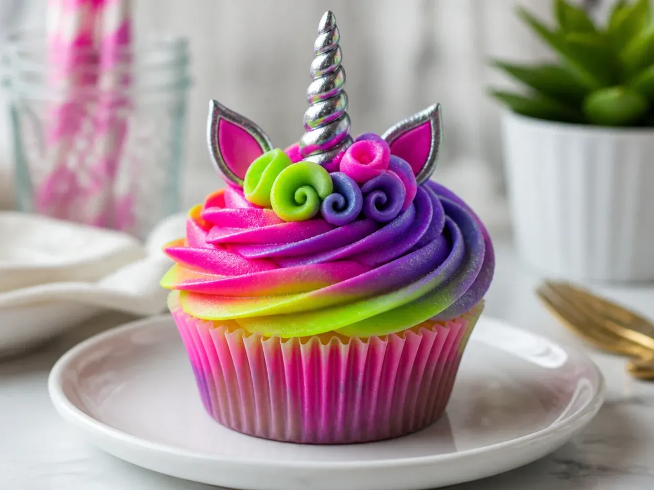 Bold neon unicorn cupcakes in electric pink, purple and lime with a chrome horn