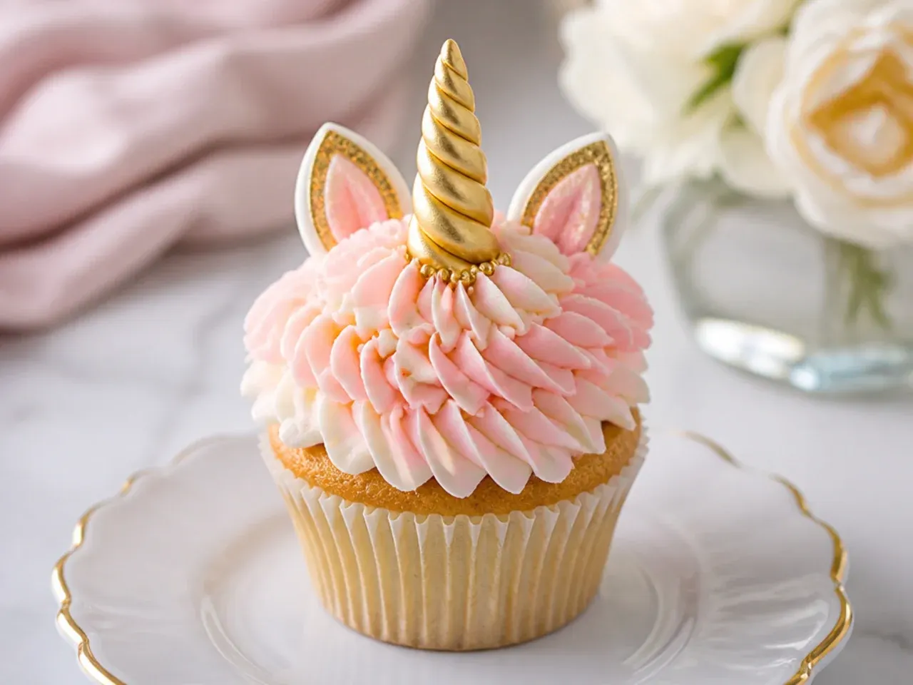 Delicate pastel petal unicorn cupcakes piped with a 104 tip in pale peony shades