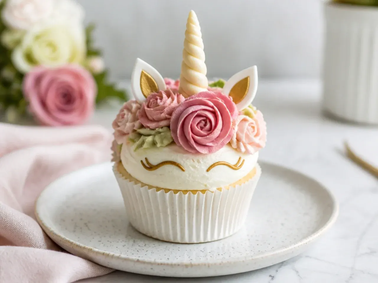 Vintage buttercream-flower unicorn cupcakes with dusty roses and an ivory horn