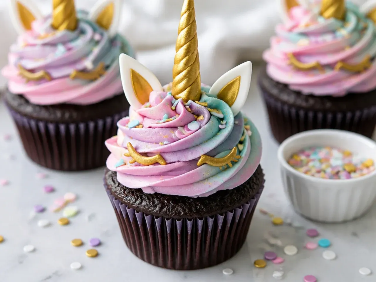 Creative chocolate-base unicorn cupcakes with pastel swirl over rich dark cake