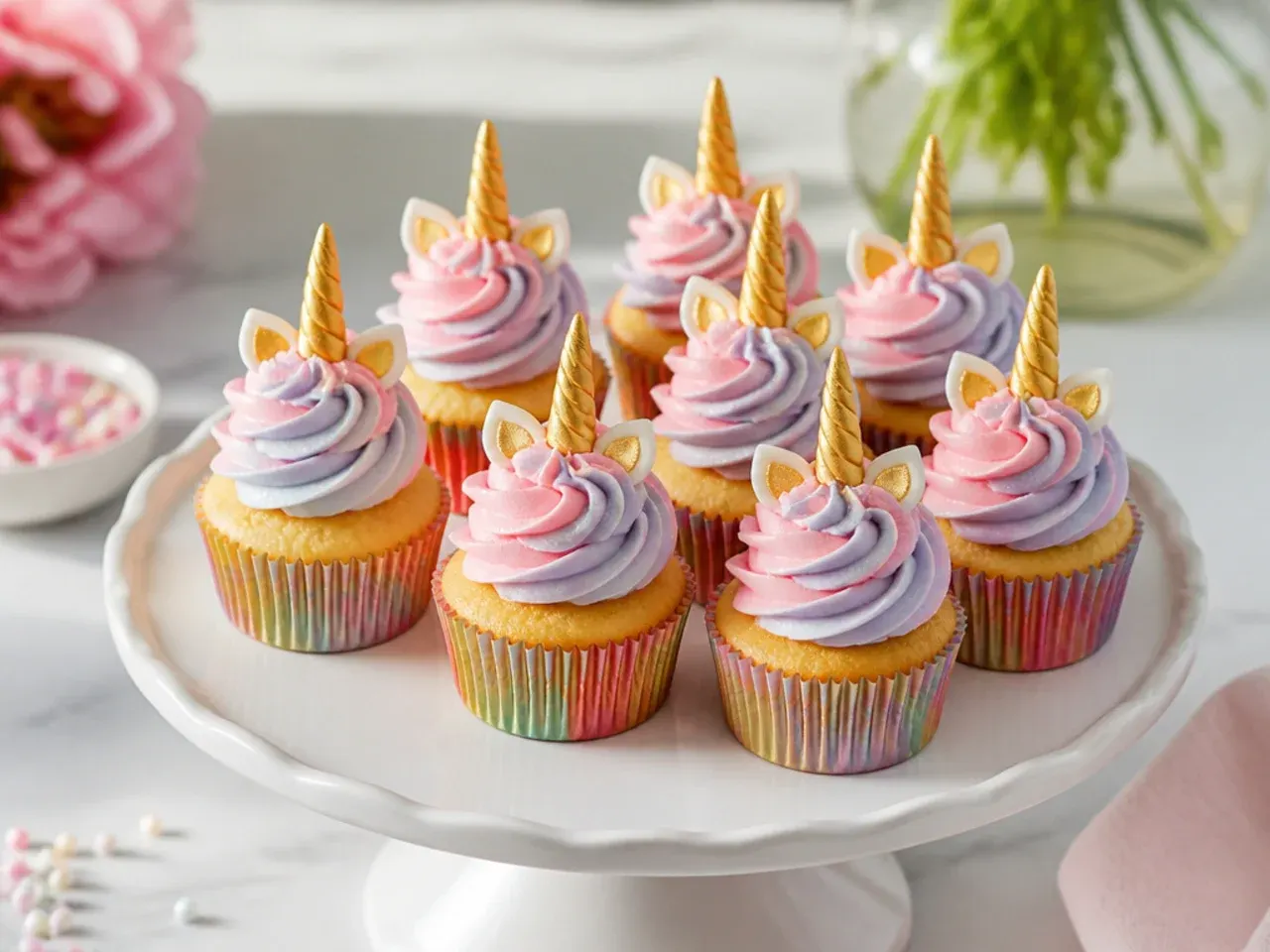 Charming mini unicorn cupcakes with tiny two-color swirls and small horns