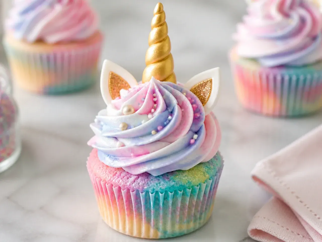 Marbled pastel unicorn cupcakes with soft veined buttercream and a pearl horn