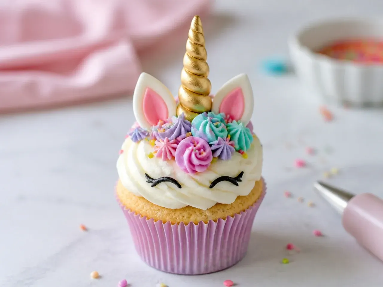 No-bake cheat unicorn cupcakes decorated with fondant horns on store-bought cake