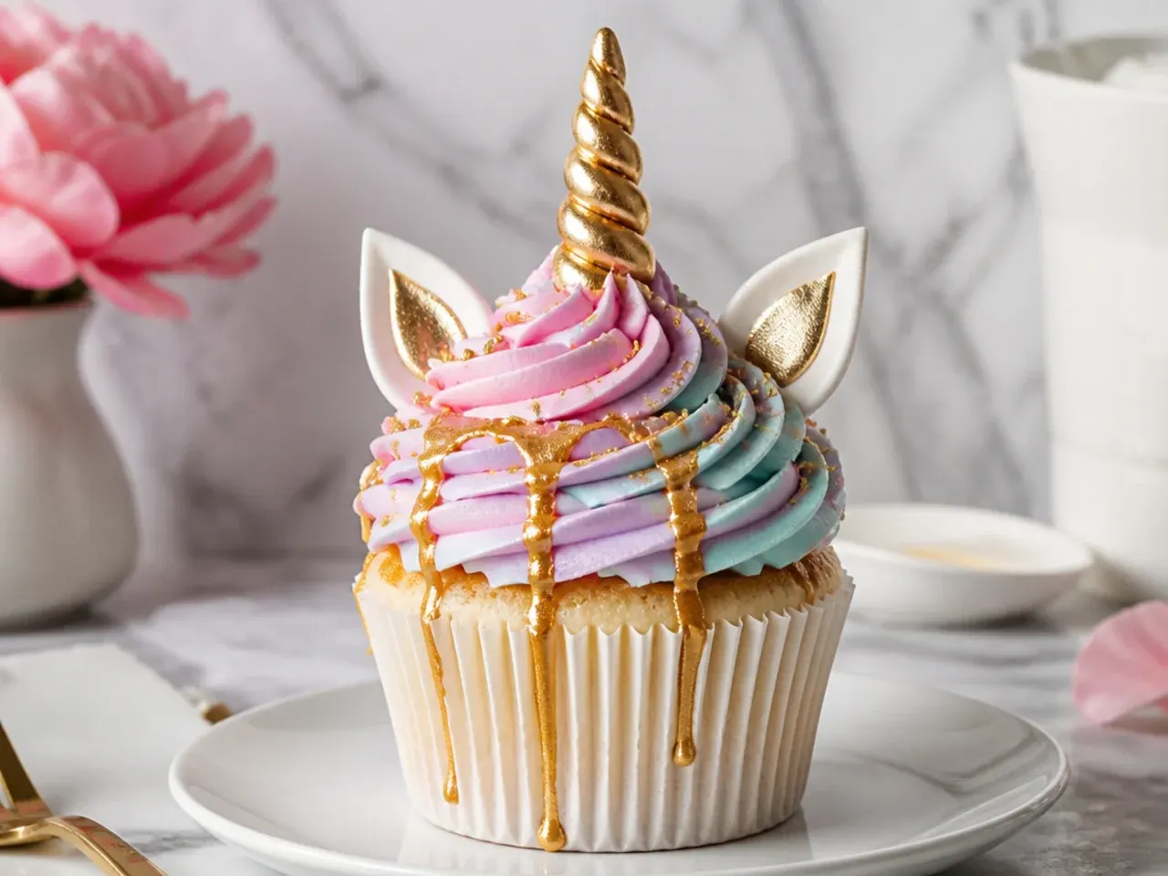 Elegant metallic drip unicorn cupcakes with edible gold running down a pastel swirl