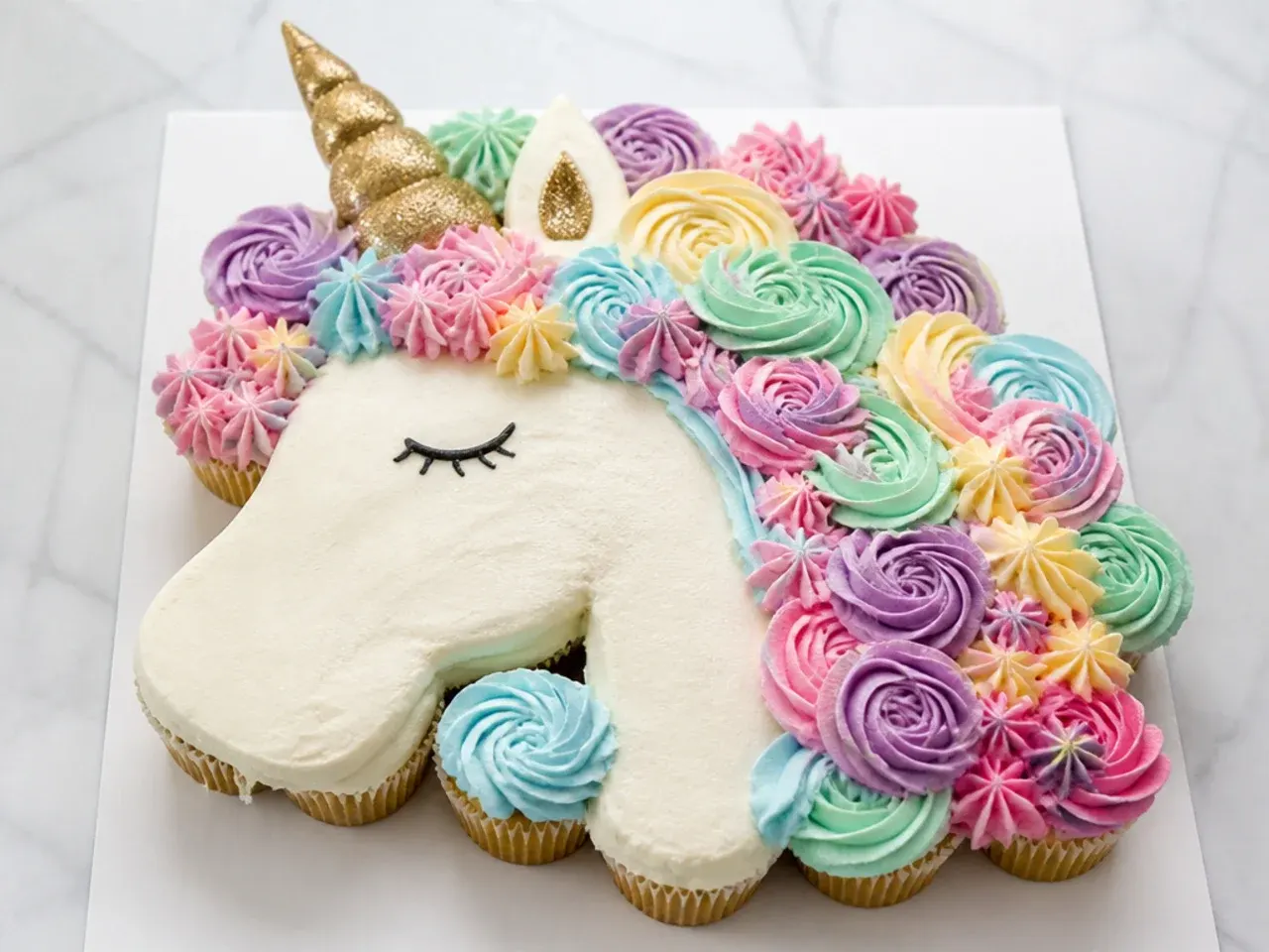 Playful pull-apart unicorn cupcakes arranged into one giant buttercream mane
