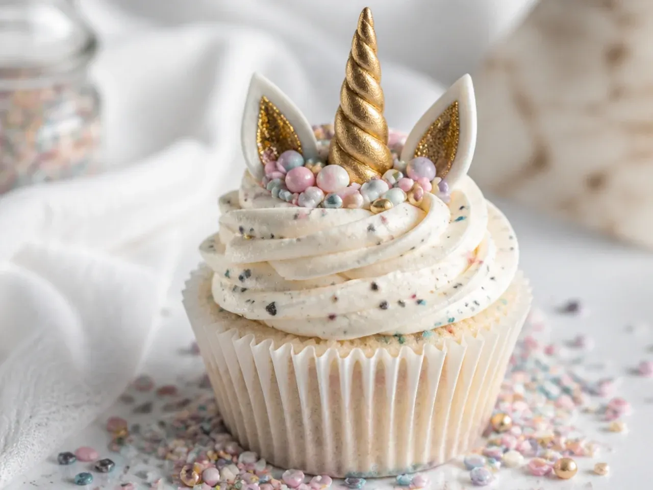 Modern terrazzo sprinkle unicorn cupcakes with speckled quins on smooth buttercream