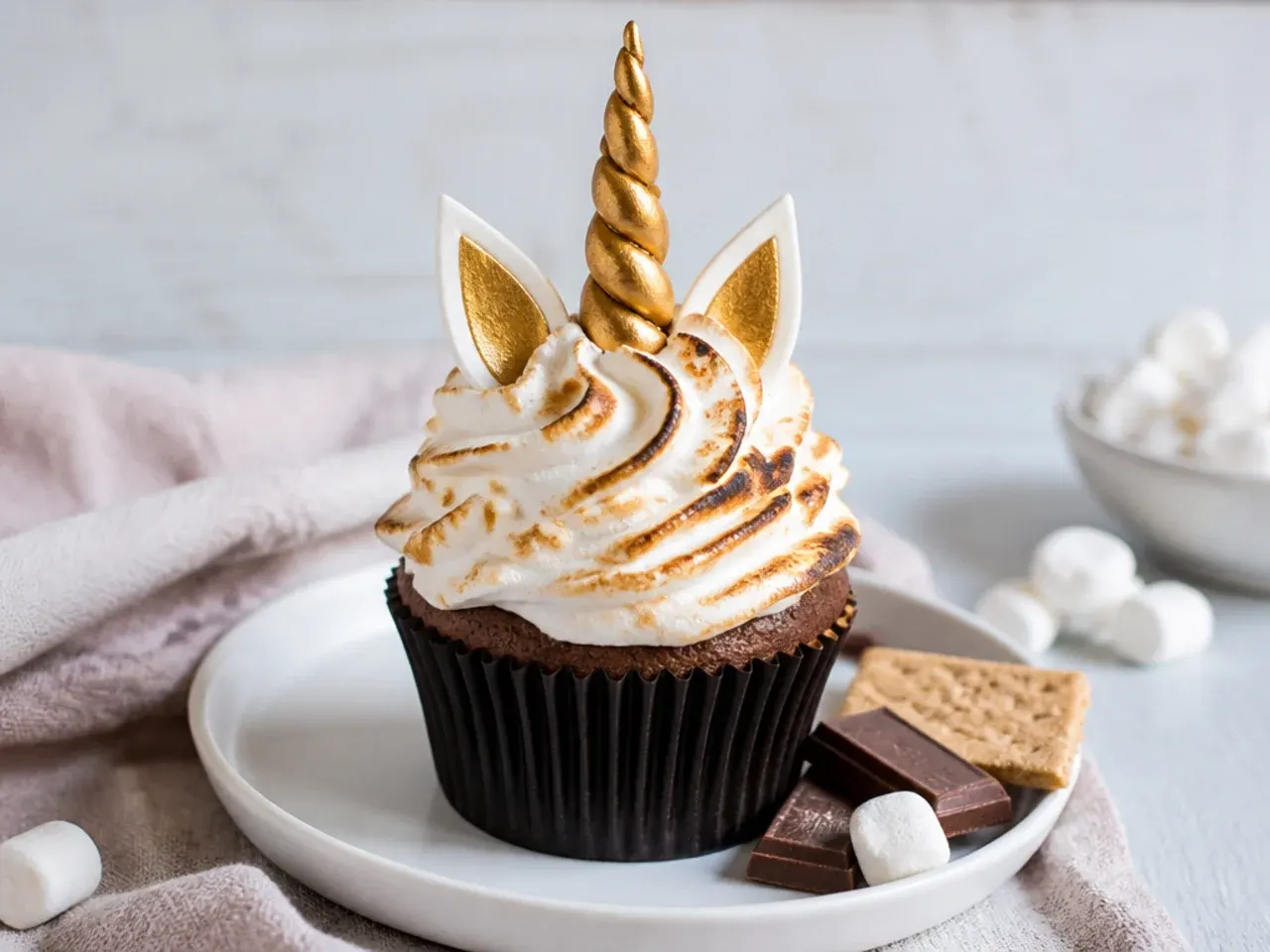 Rustic torched-marshmallow unicorn cupcakes with campfire s'mores flavor