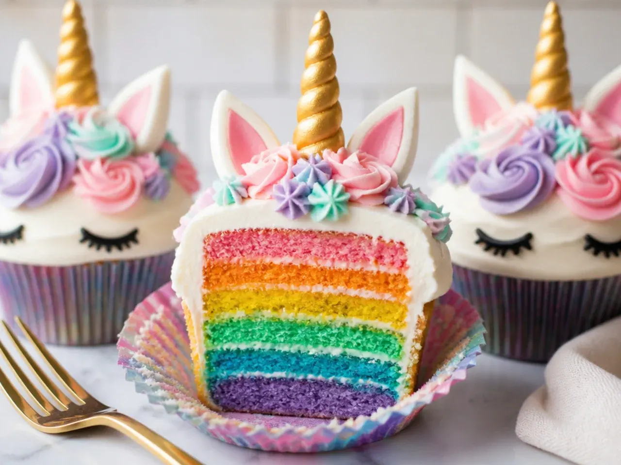 Colorful rainbow-layer unicorn cupcakes revealing colored strata inside