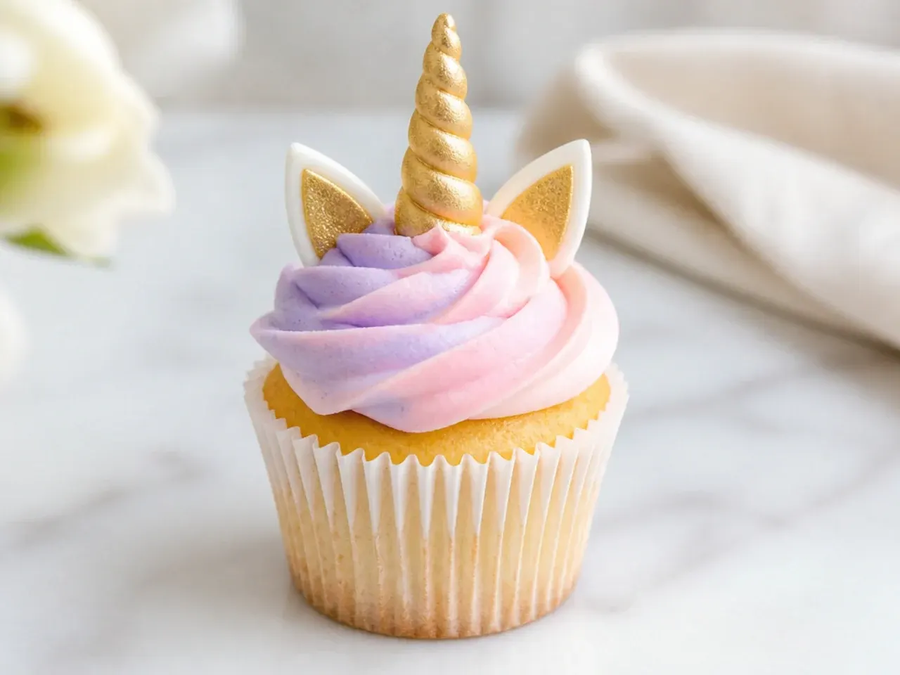 Minimal single-swirl unicorn cupcakes with a two-tone spiral and gold horn