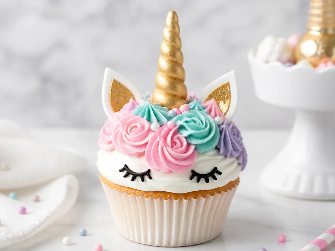 Festive holiday unicorn cupcakes with seasonal color palettes and themed horns