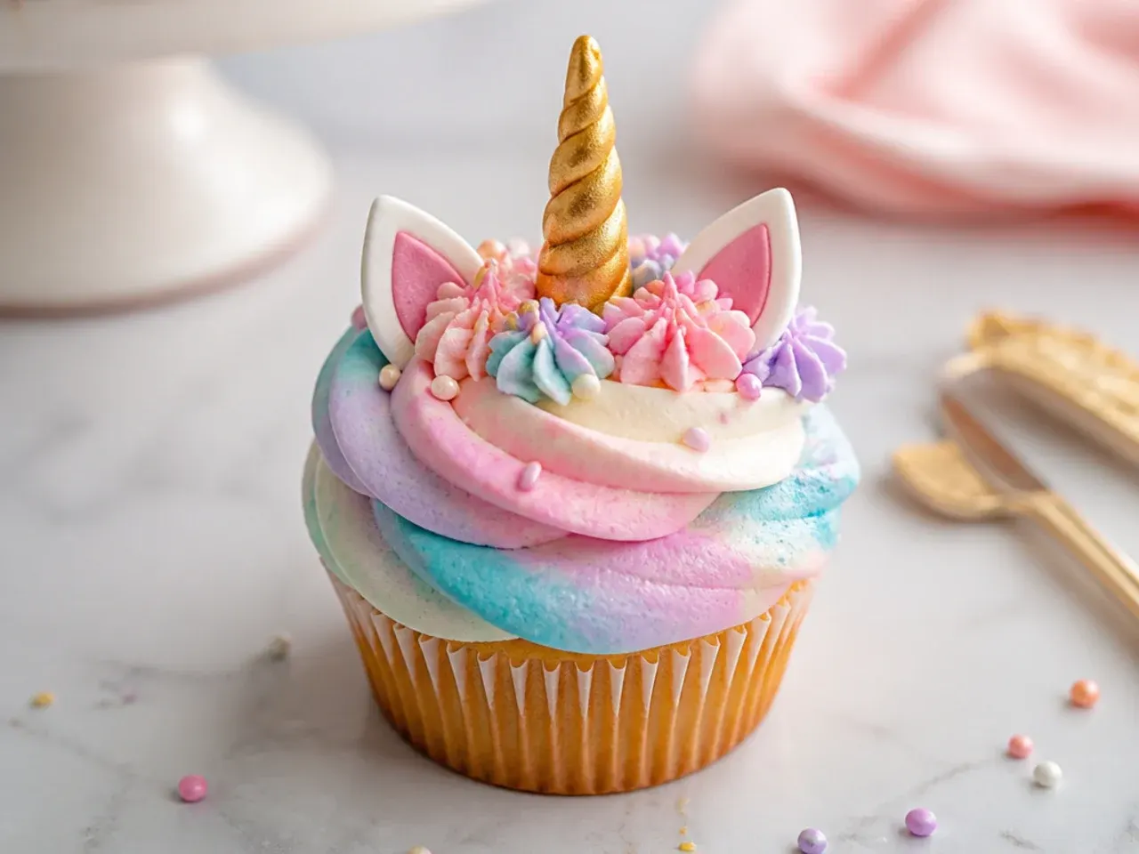Whimsical watercolor-wash unicorn cupcakes hand-painted with edible gel color