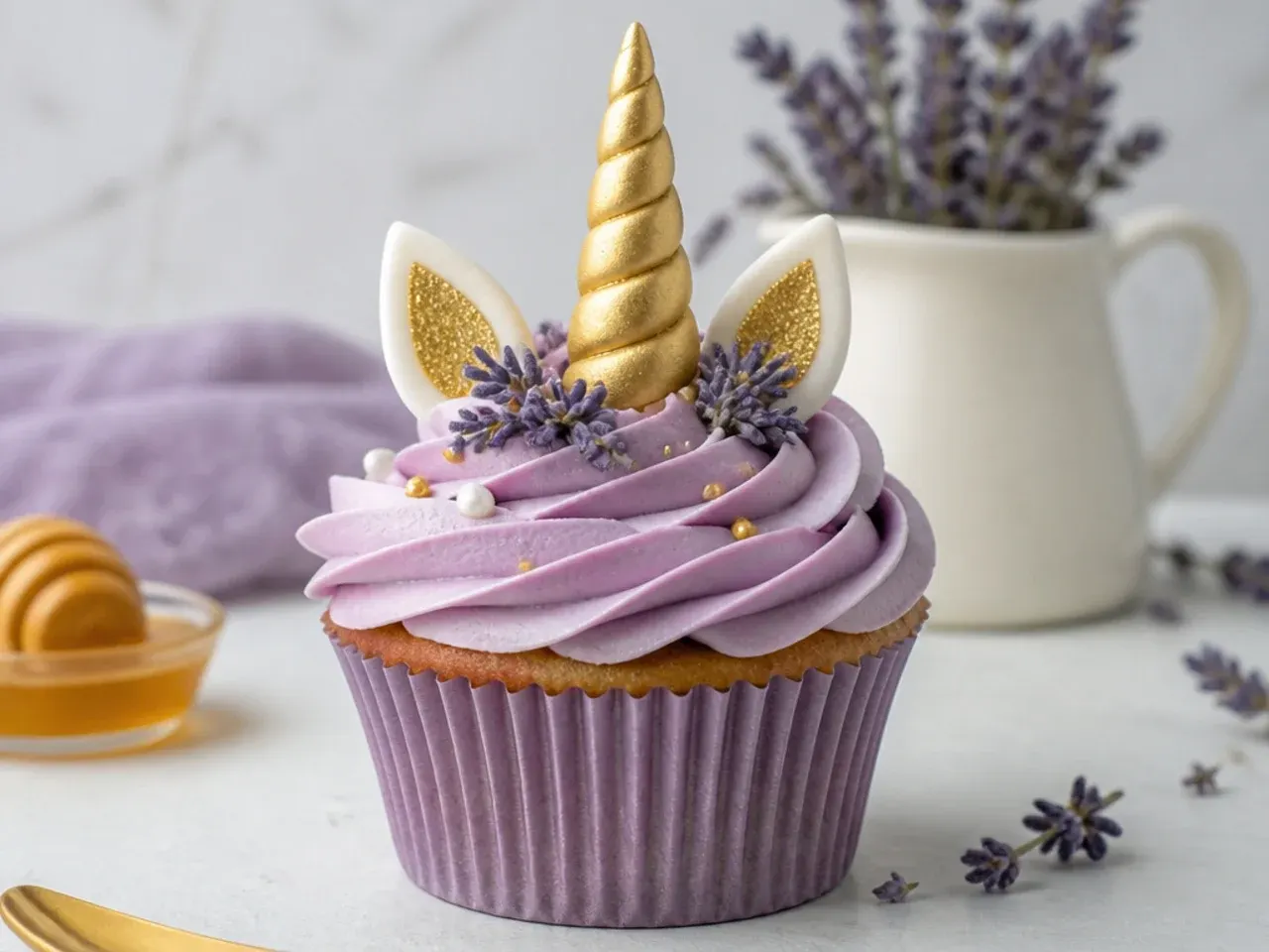 Delicate lavender-honey unicorn cupcakes in soft lilac with a pale gold horn