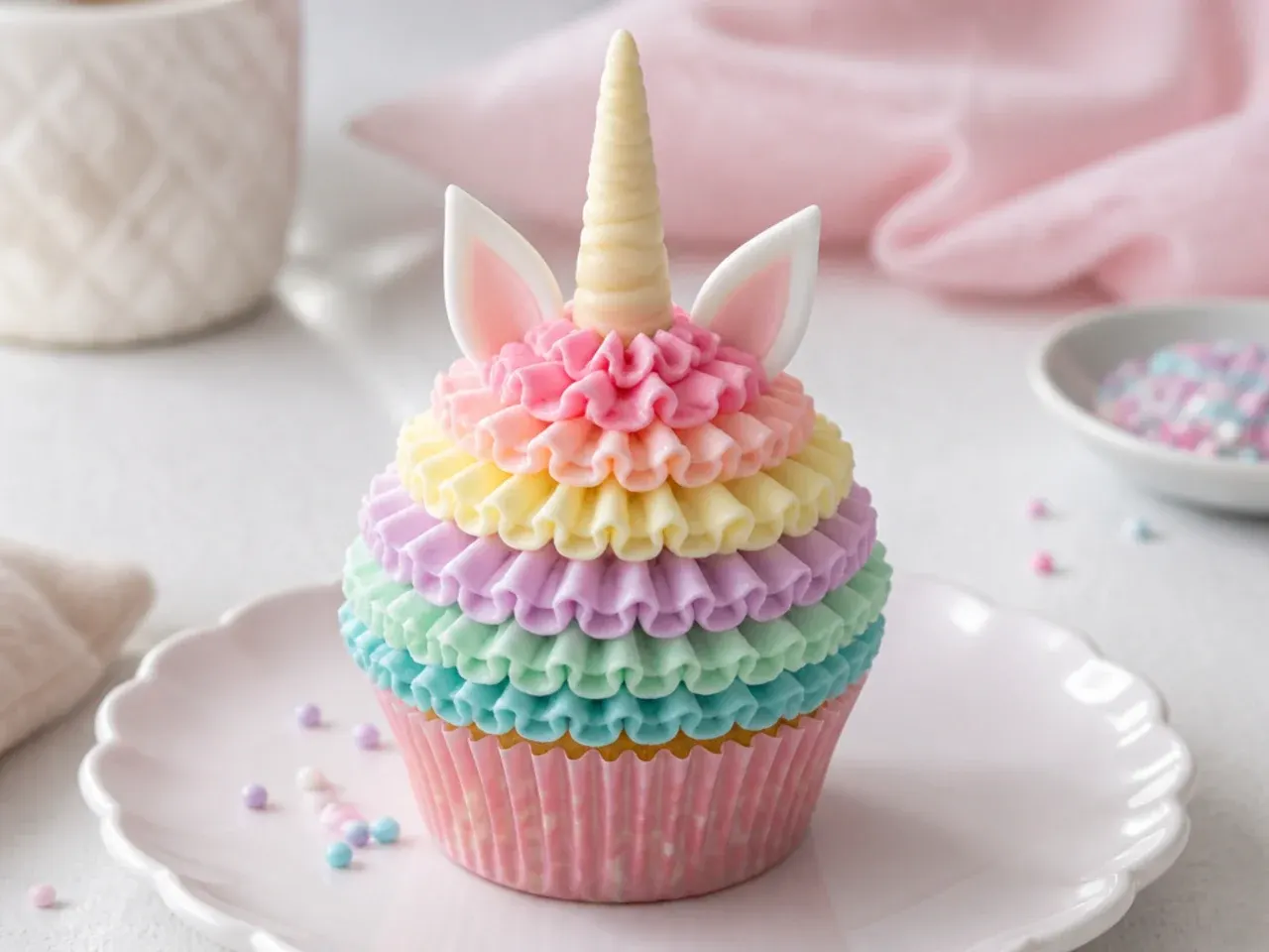Vintage piped-ruffle unicorn cupcakes with a frilled dome and slim ivory horn