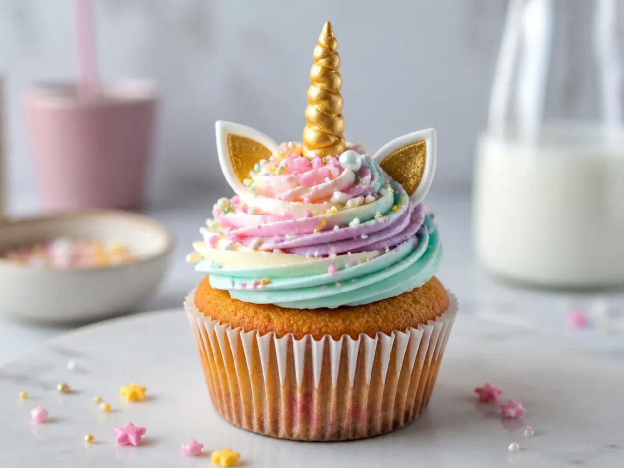 Creative dairy-free vegan unicorn cupcakes with plant-based swirl and horn