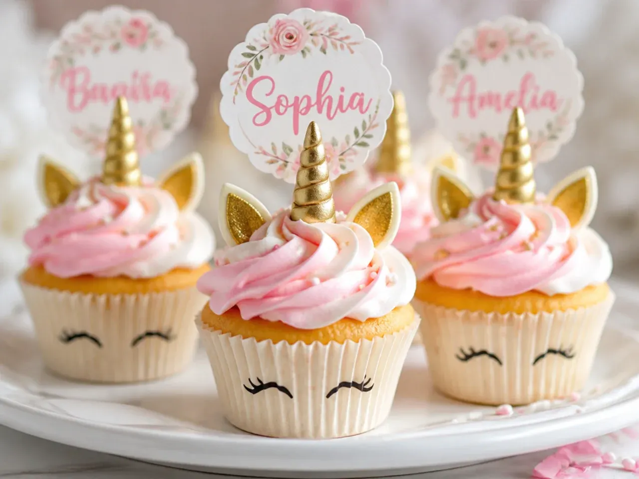 Charming personalized topper unicorn cupcakes with wafer-paper name toppers