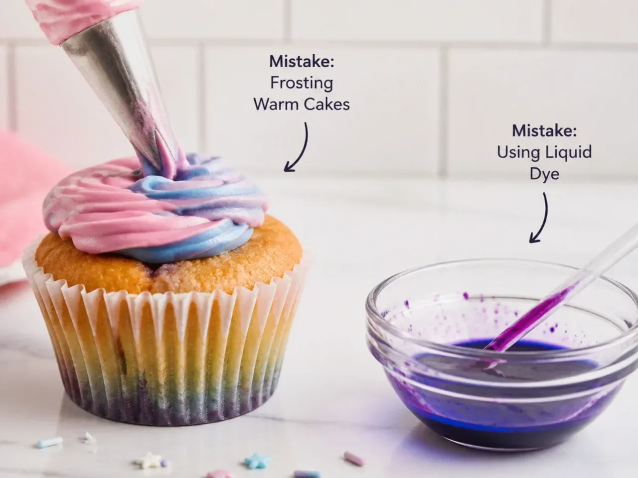 Common unicorn cupcake mistakes to avoid like frosting warm cakes and using liquid dye