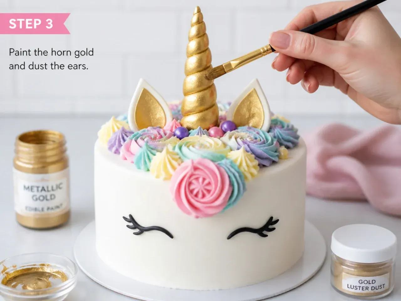 unicorn fondant cake — step 3: paint the horn gold and dust the ears