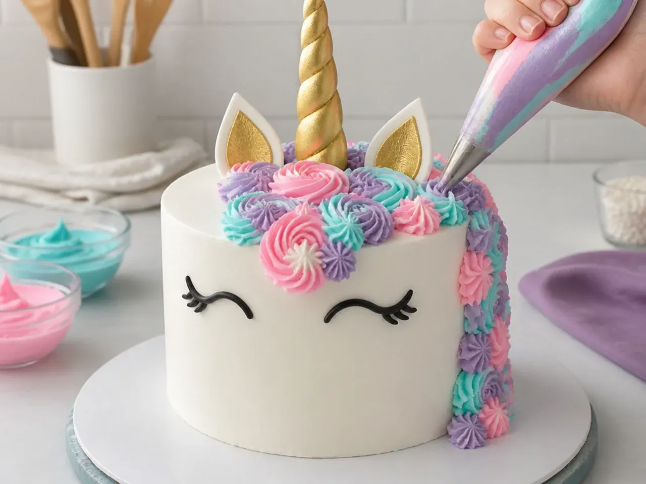 unicorn fondant cake — step 6: pipe the buttercream mane