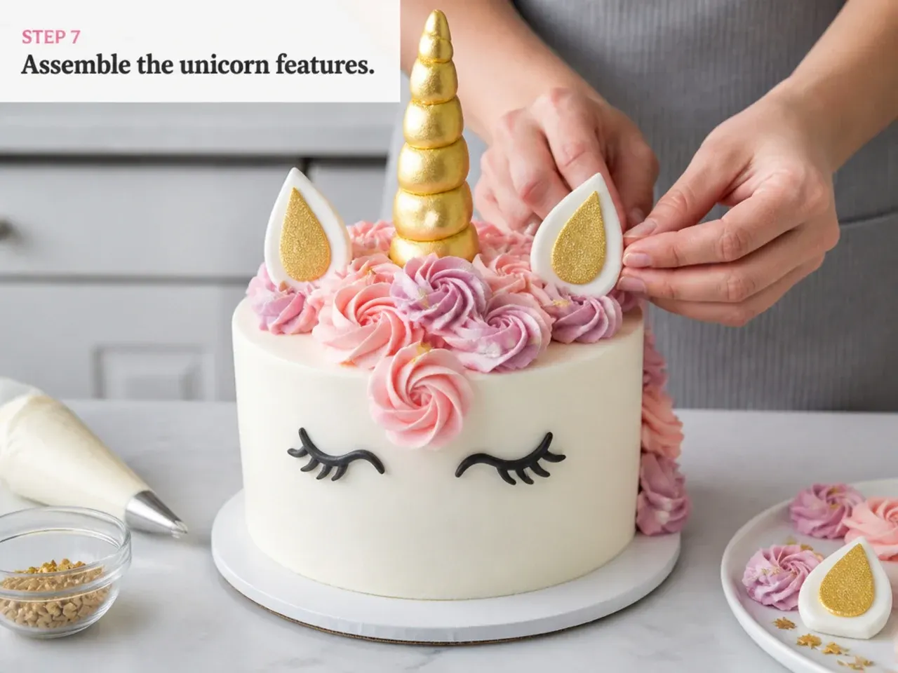 unicorn fondant cake — step 7: assemble the unicorn features