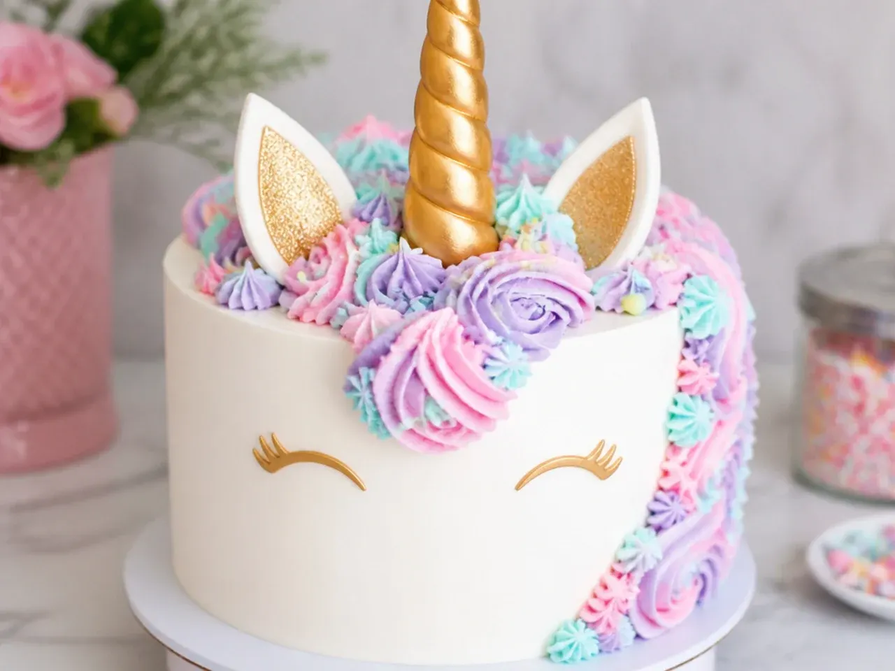 Close-up of a decorated unicorn fondant cake with a gold horn and pastel buttercream mane