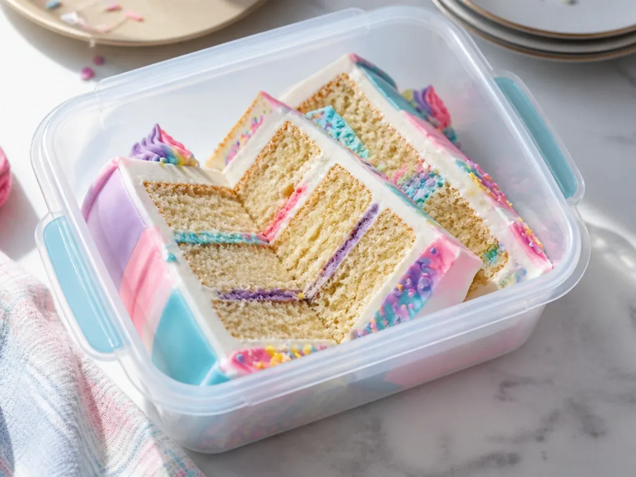 Slices of unicorn cake stored in an airtight container showing the moist vanilla sponge layers