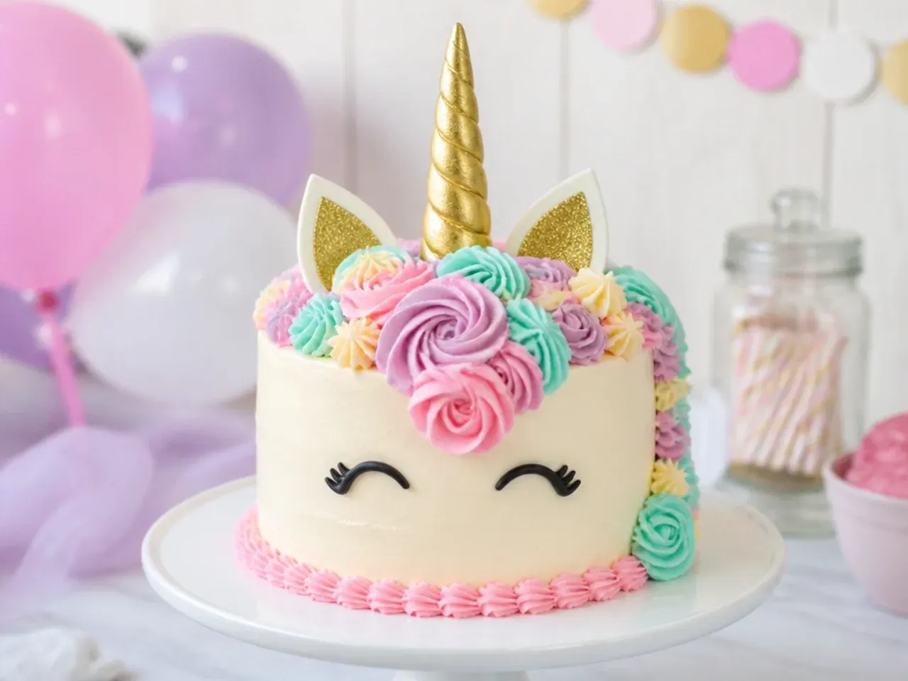 Classic pastel unicorn smash cake with rosette mane and gold horn for a first birthday