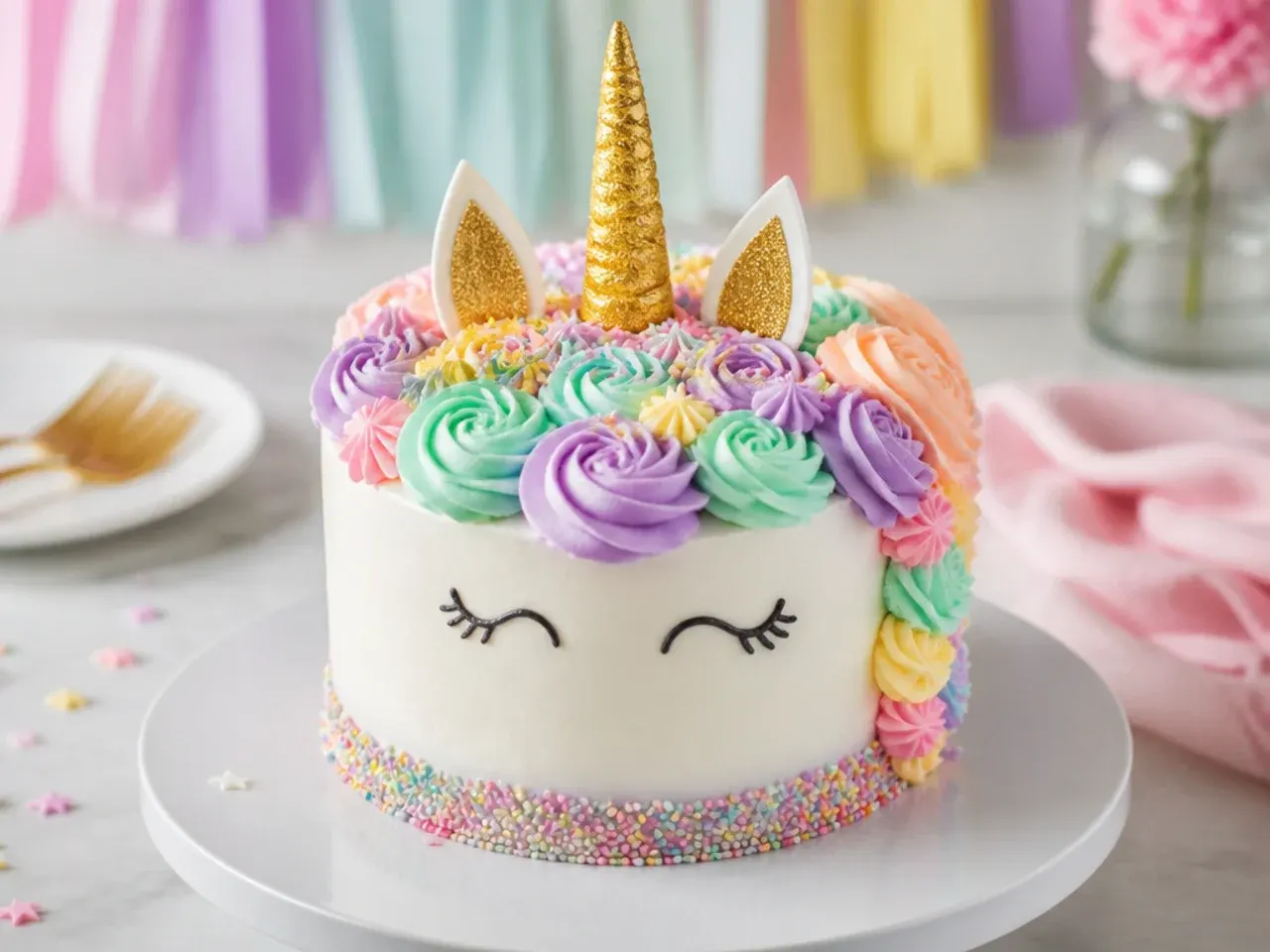 Easy box-mix unicorn smash cake decorated with simple pastel buttercream swirls
