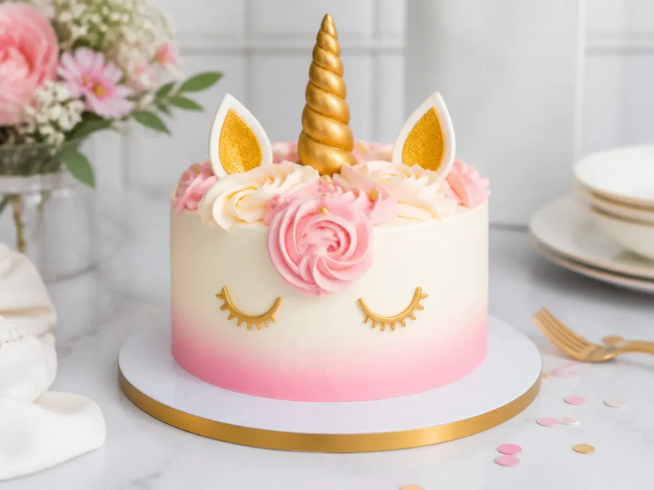 Elegant white and gold minimalist unicorn smash cake with blush ombre accents