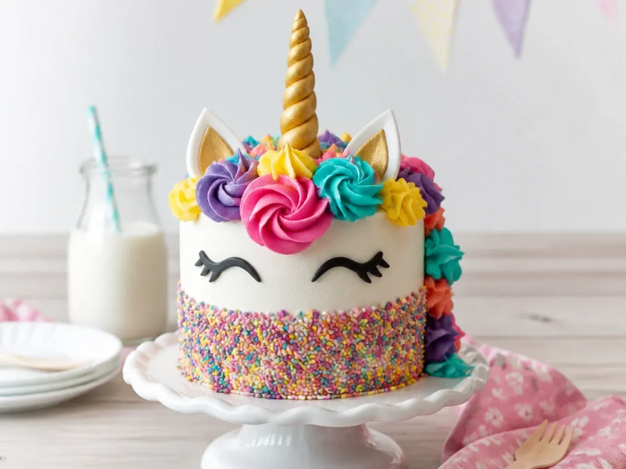Playful unicorn smash cake with rainbow sprinkle band and bright buttercream mane