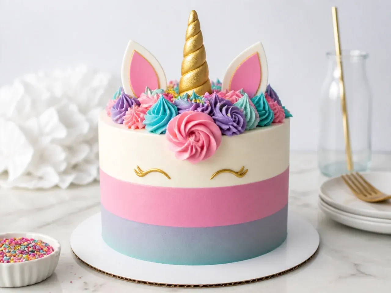 Modern color-block unicorn smash cake with matte buttercream stripes and gold horn