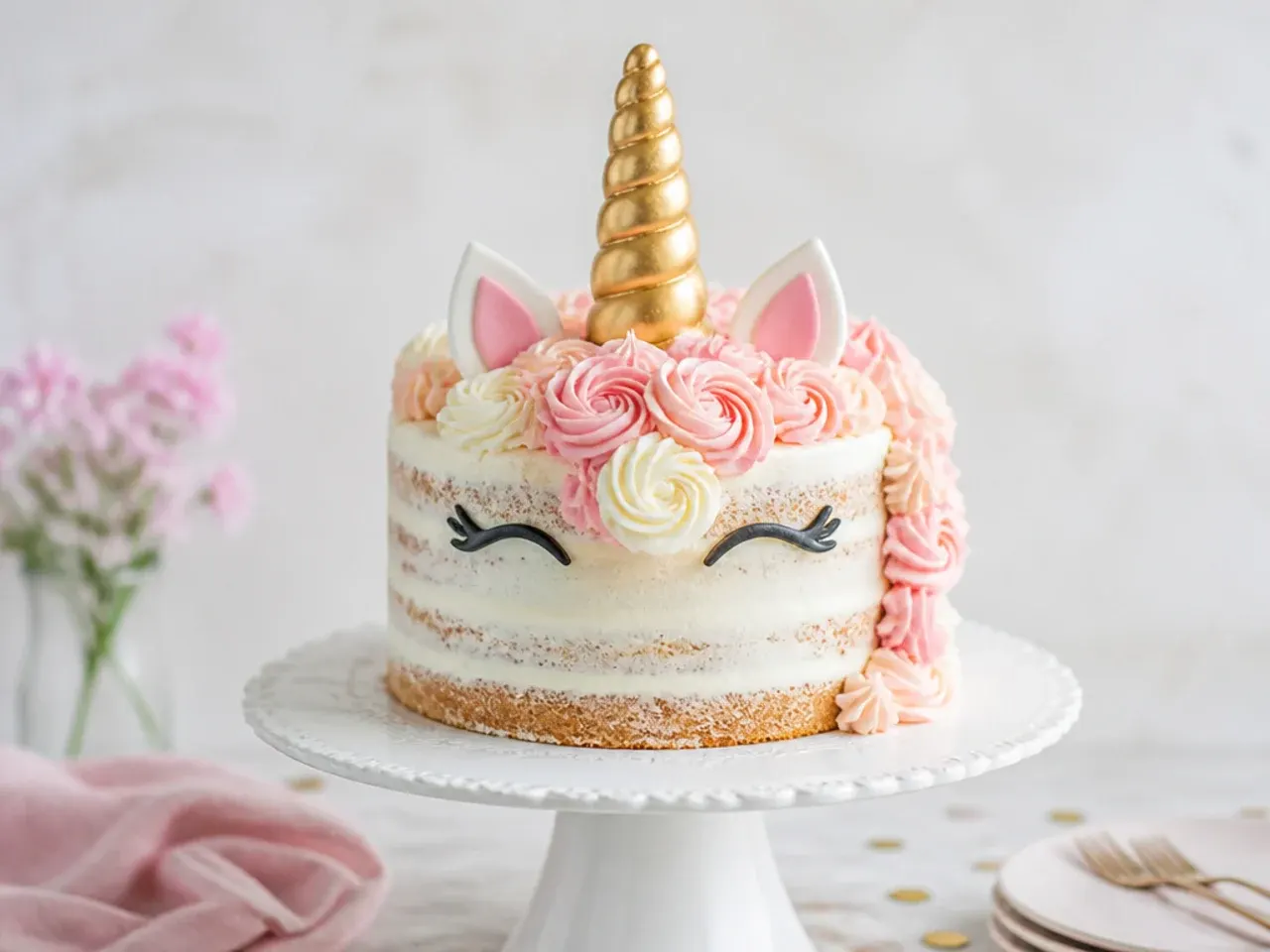 Rustic semi-naked unicorn smash cake with exposed sponge and pale buttercream mane