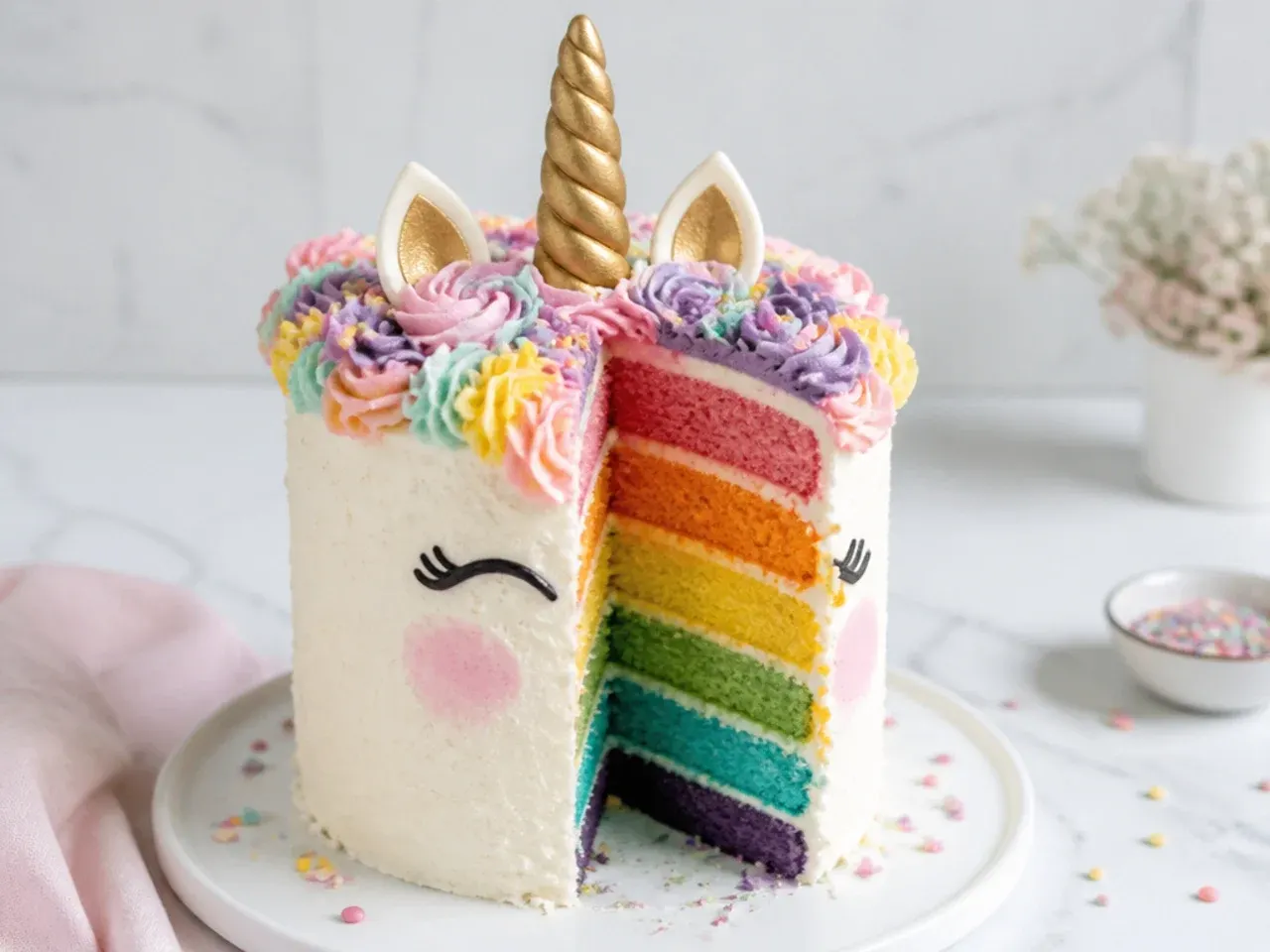 Colorful rainbow-layer unicorn smash cake with hidden bright layers inside