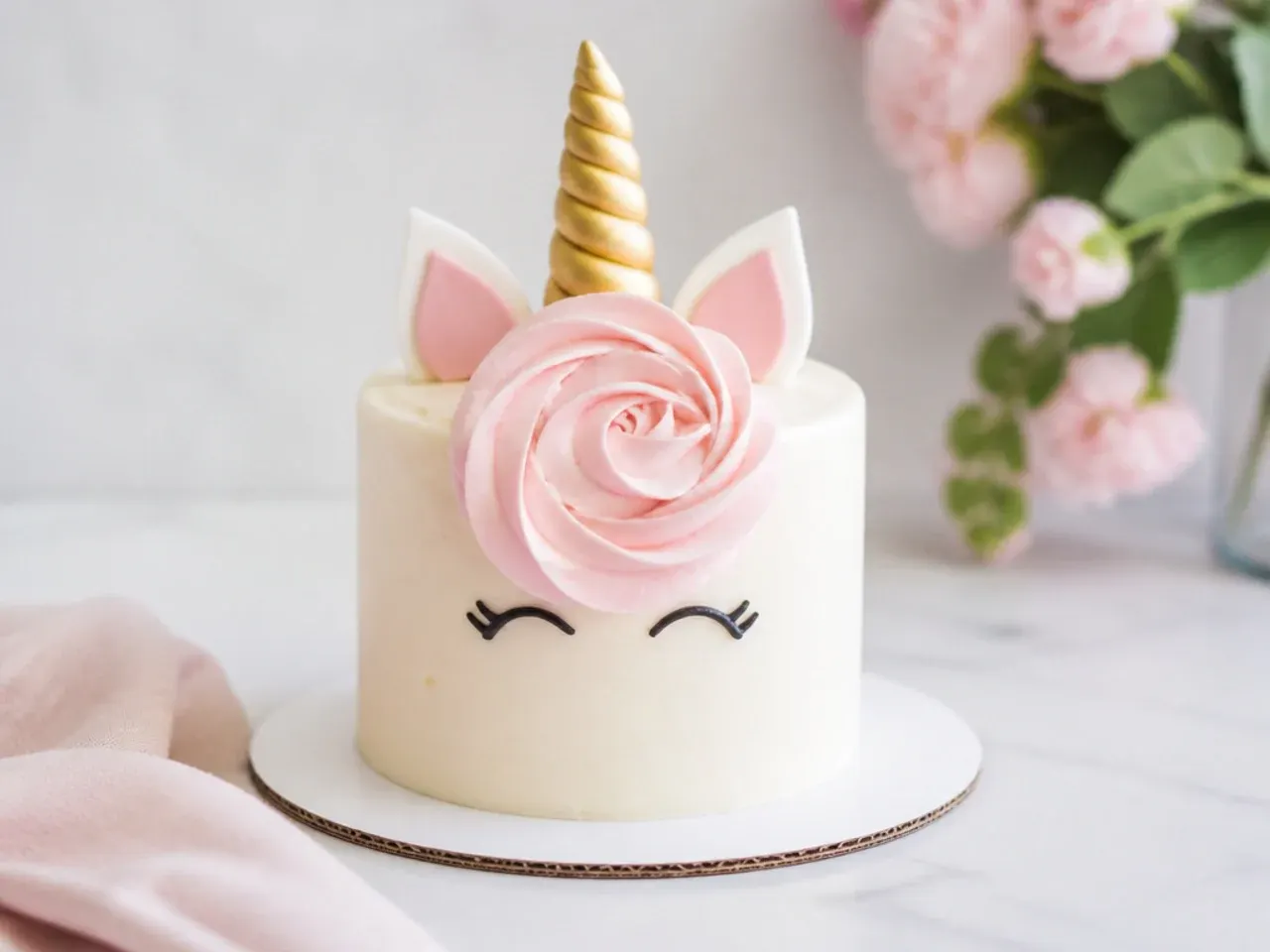 Minimal unicorn smash cake with a single oversized rosette and small horn