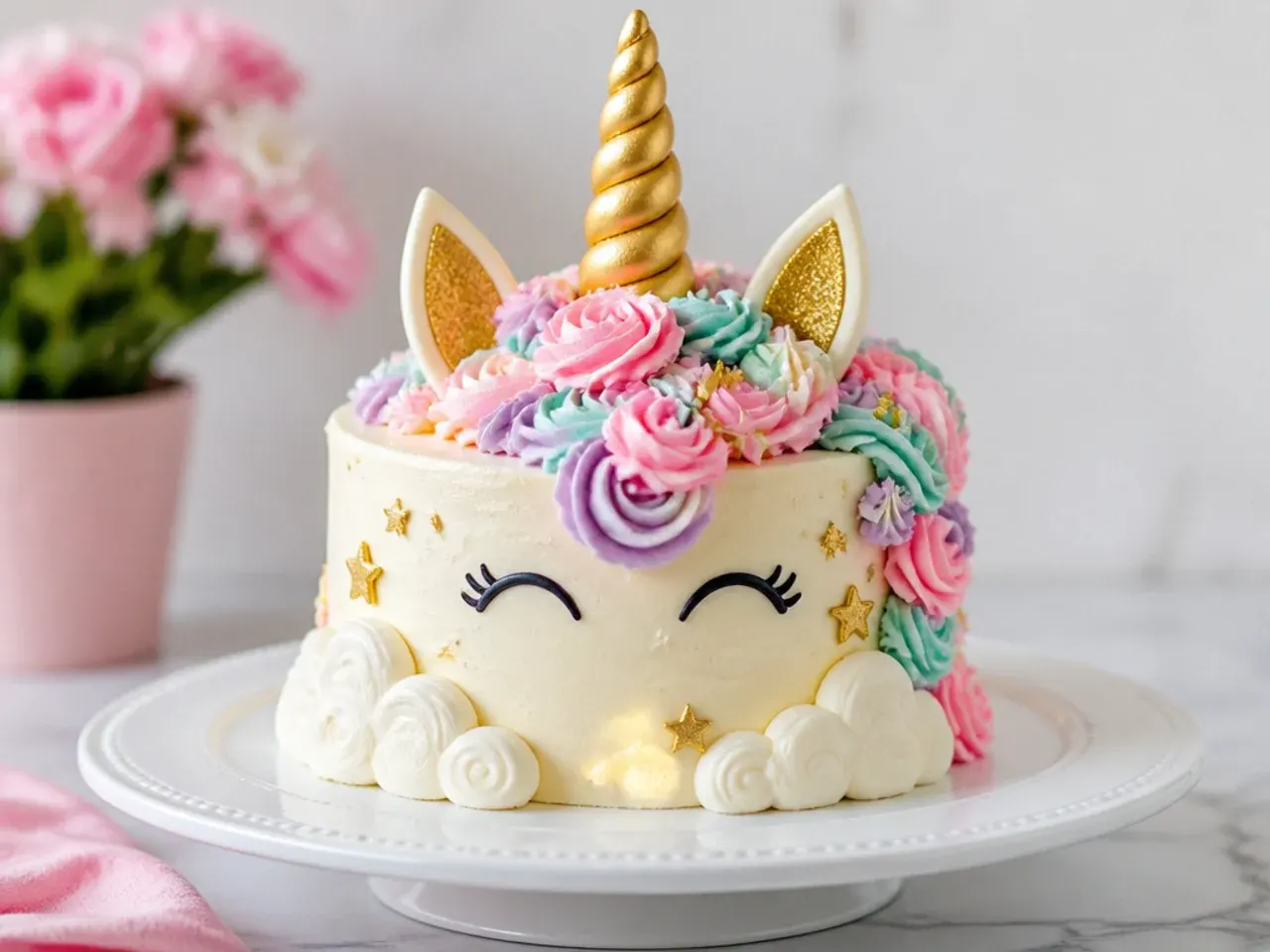 Whimsical unicorn smash cake with buttercream clouds and edible gold stars