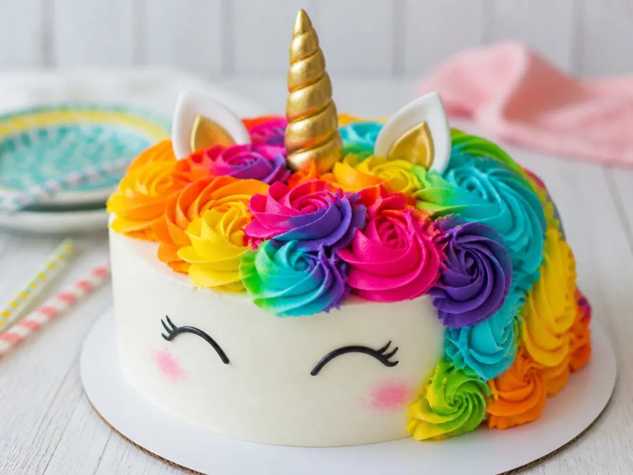 Bold bright rainbow mane unicorn smash cake with saturated buttercream swirls