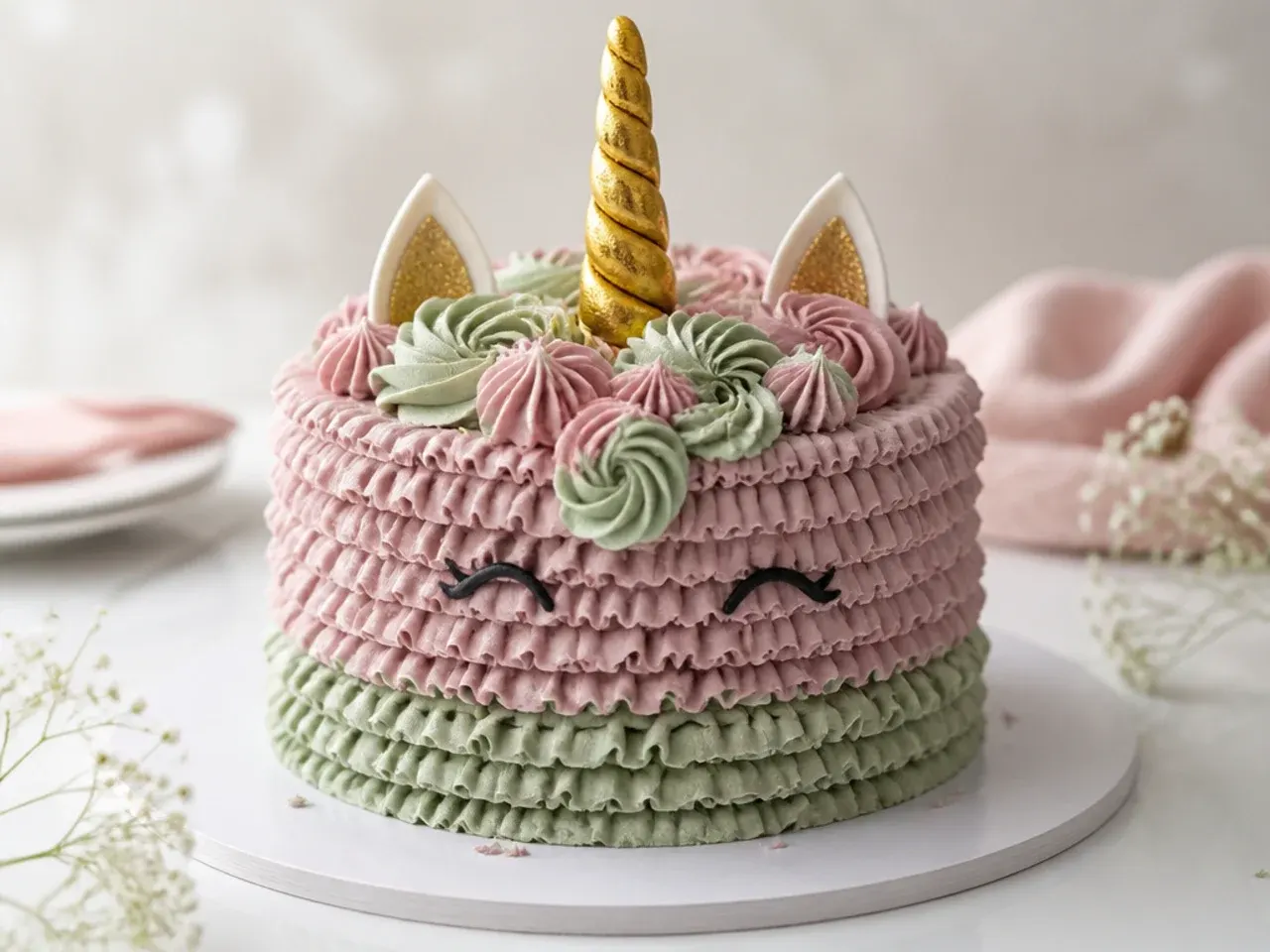 Vintage ruffle-piped unicorn smash cake in dusty mauve and sage tones