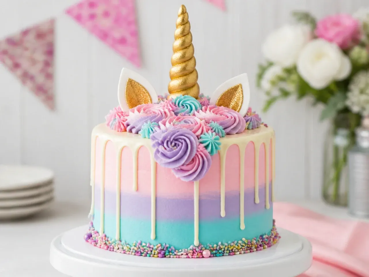 Creative ombre drip unicorn smash cake with pastel white chocolate drip