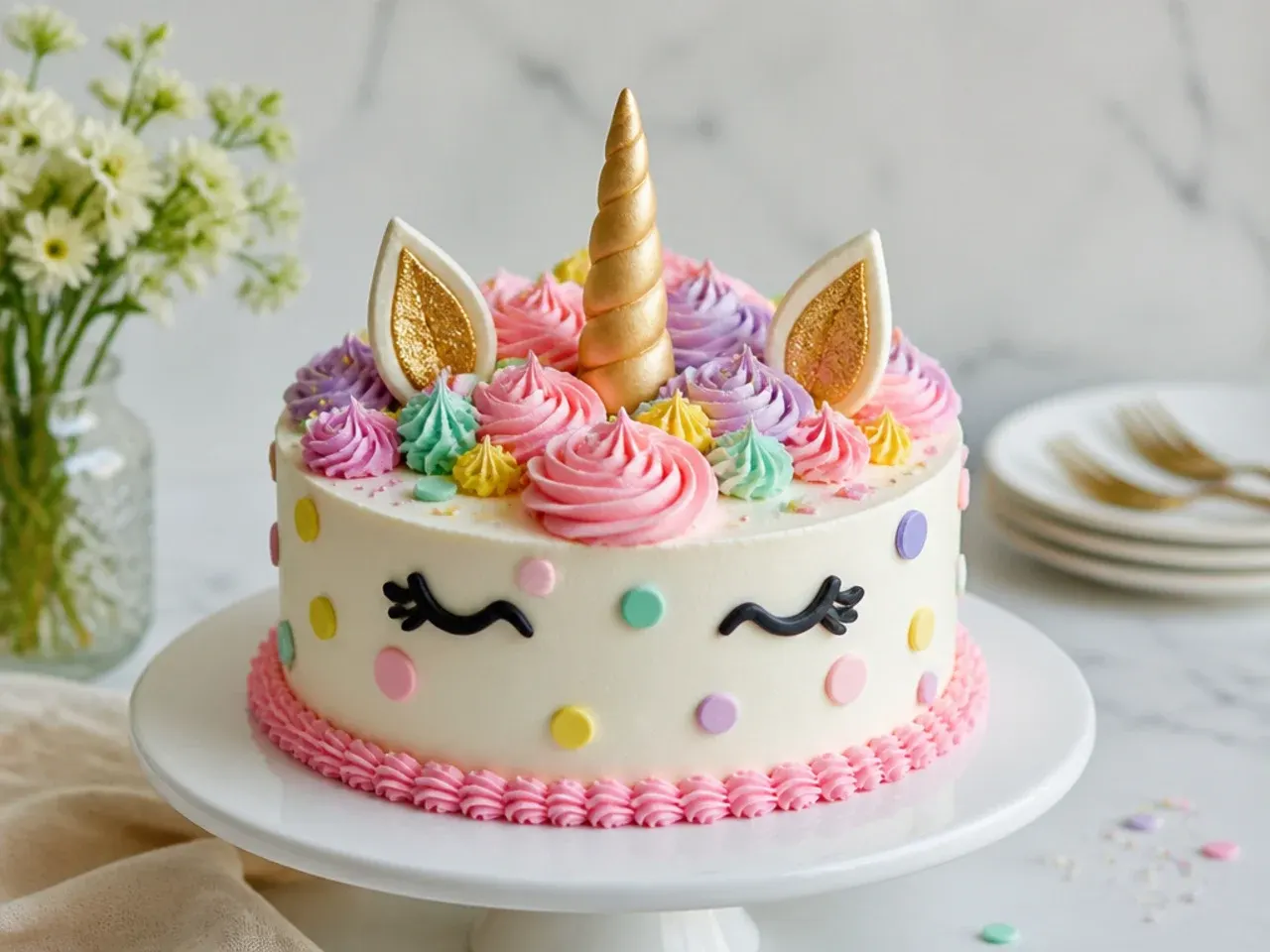 Charming polka-dot unicorn smash cake with pastel dots and rosette mane
