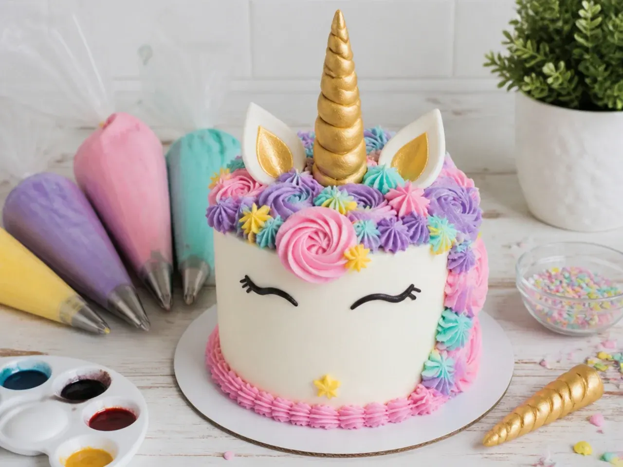 Unicorn smash cake decorating tips with piping bags, fondant horn, and gel colors