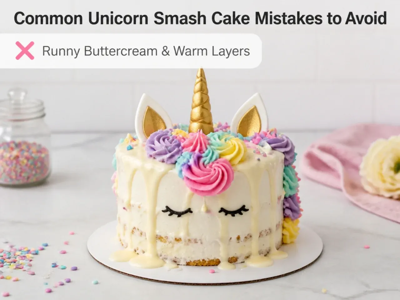 Common unicorn smash cake mistakes to avoid including runny buttercream and warm layers