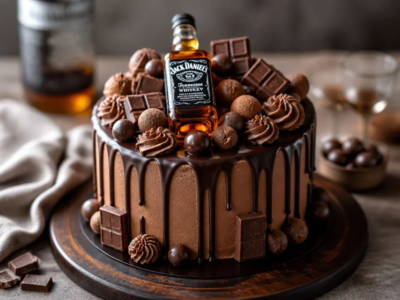 An assortment of birthday cakes for men on a table, including a dark chocolate cake and a caramel drip cake